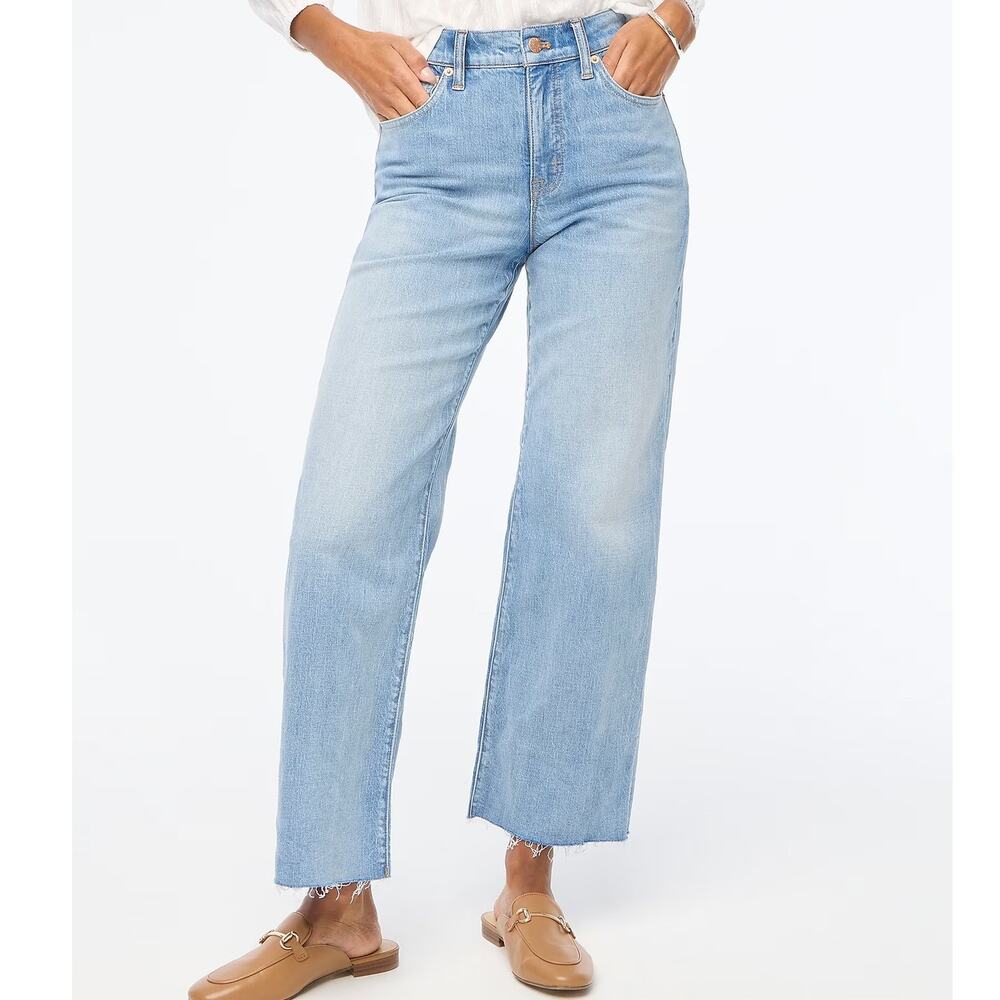 J Crew Women's 32 Jeans Wide Leg Crop High Rise Stretch Denim Raw Hem Light Wash